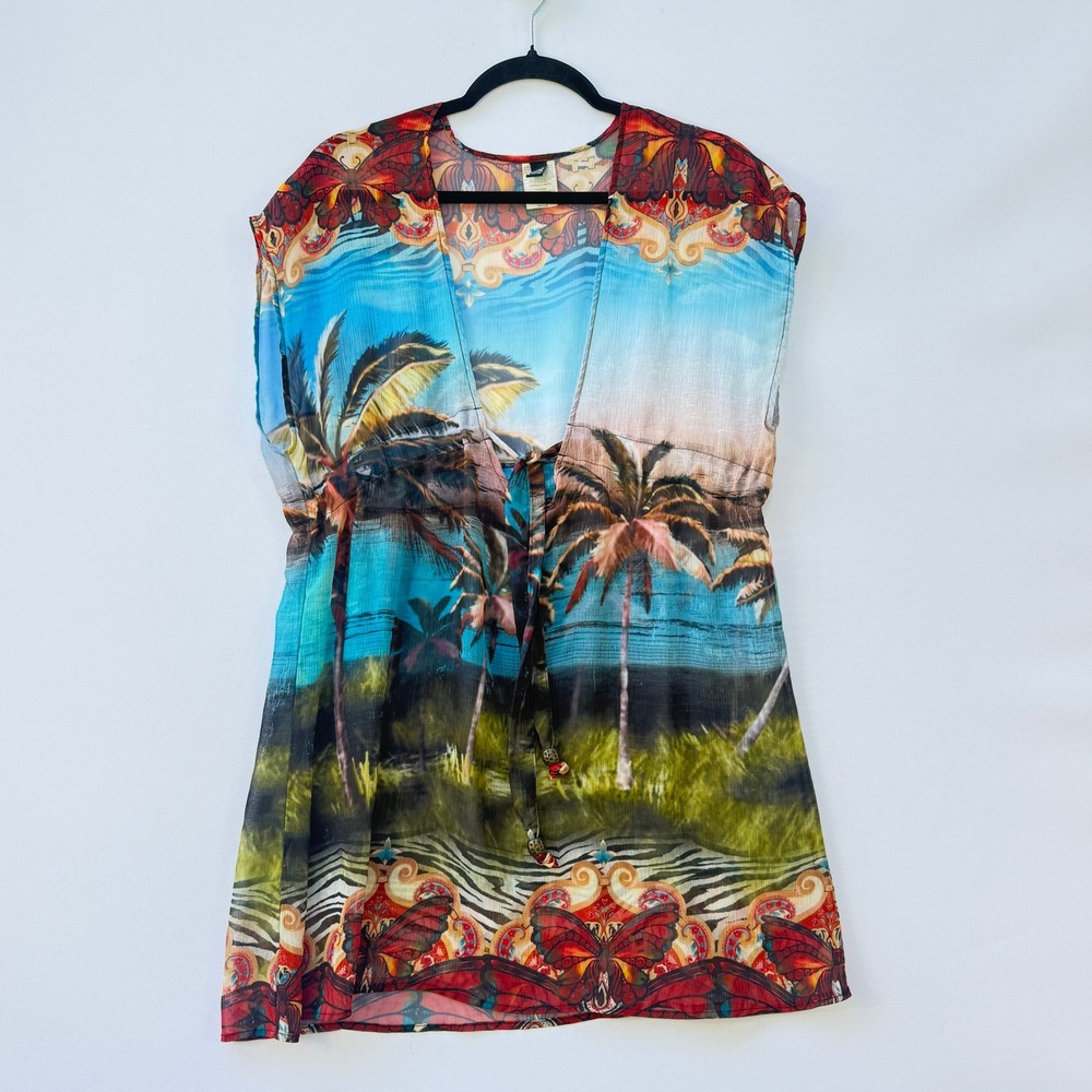 Becca Rebecca Virtue Women Medium Large Swim Cover Tropical Butterfly Palm Sheer